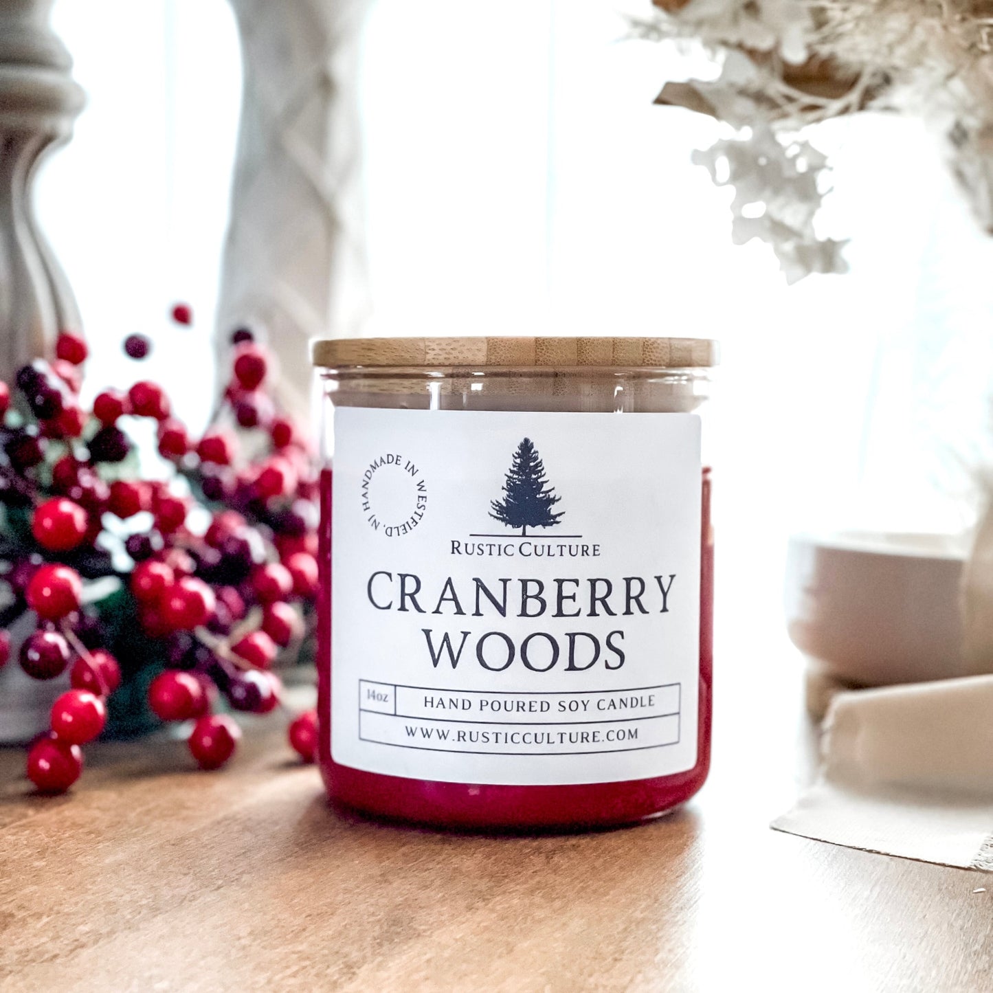 Cranberry Woods Candle made with organic soy wax. Perfect candle for fall and winter.