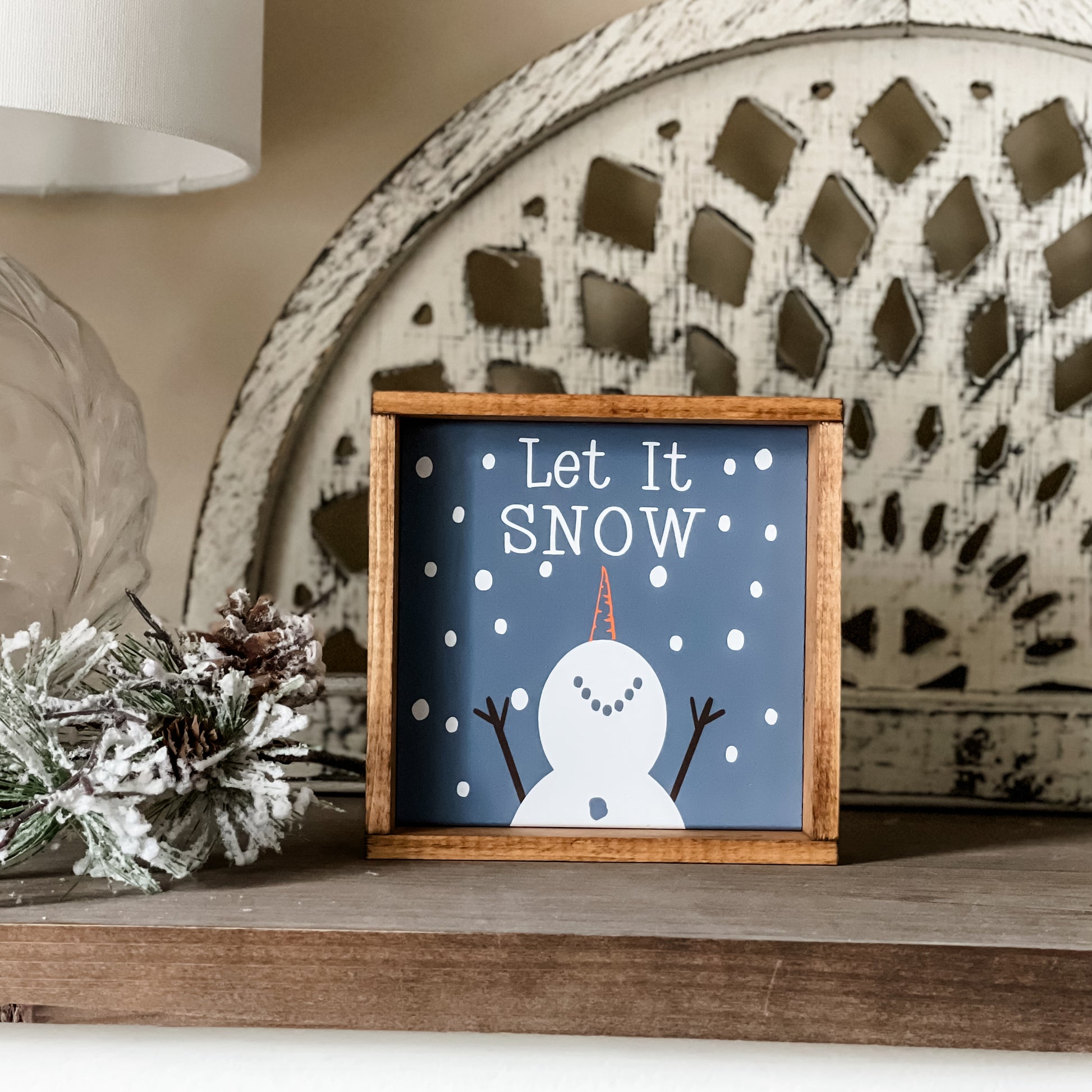 Let it snow snowman sign in smokey blue.