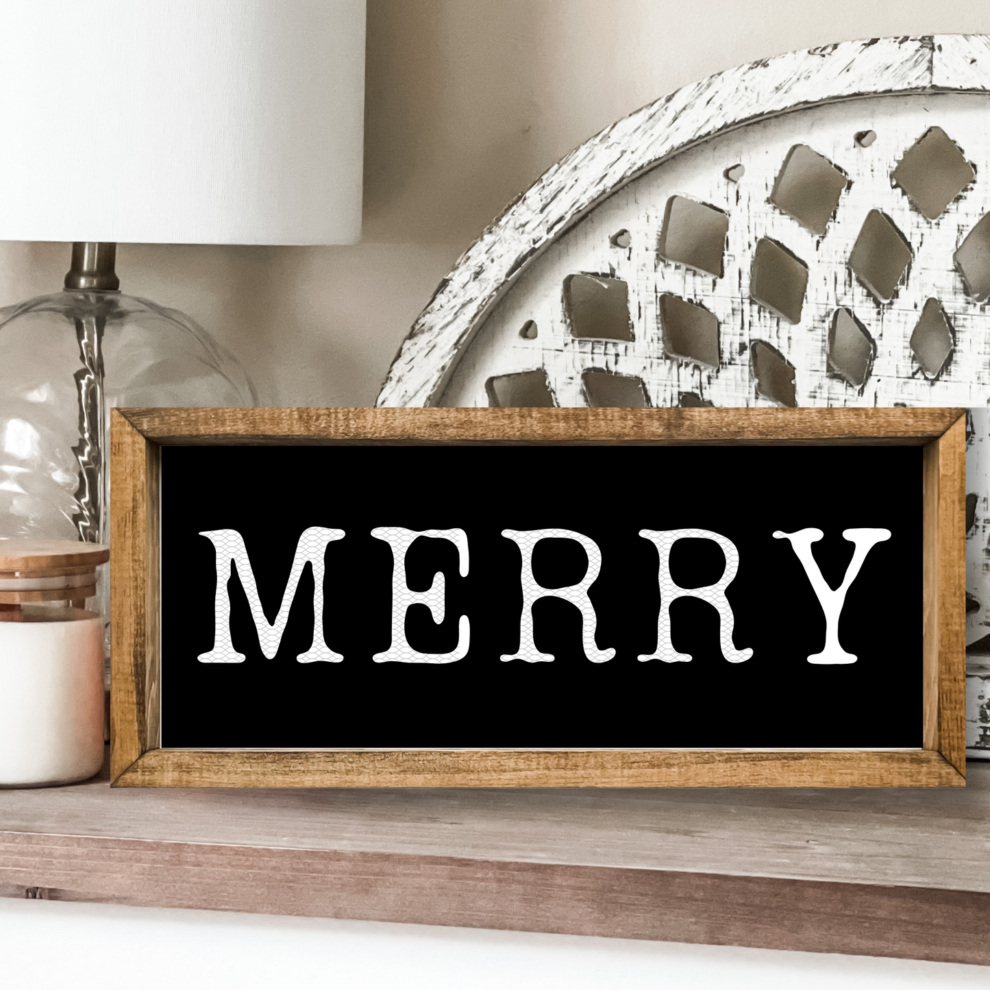 Black and white MERRY sign.