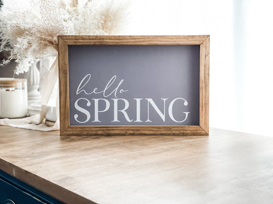 Hello spring sign in lilac. Spring wall decor.