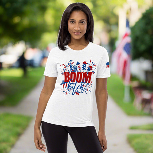 Boom bitch t-shirt. Patriotic, red, white and blue with fireworks, Statue of Liberty and Stars and Stripes stars. Great for a Memorial Day or 4th of July BBQ.