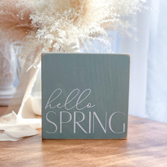 Hello spring wood block sign. Spring tiered tray decor.