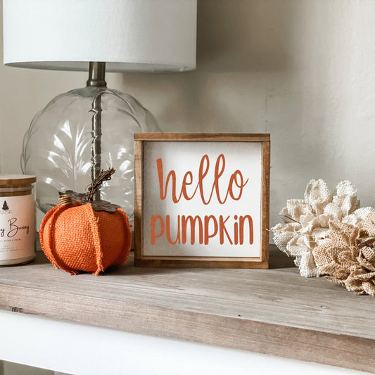 Hello pumpkin sign in terracotta. Fall decor, tiered tray decor.