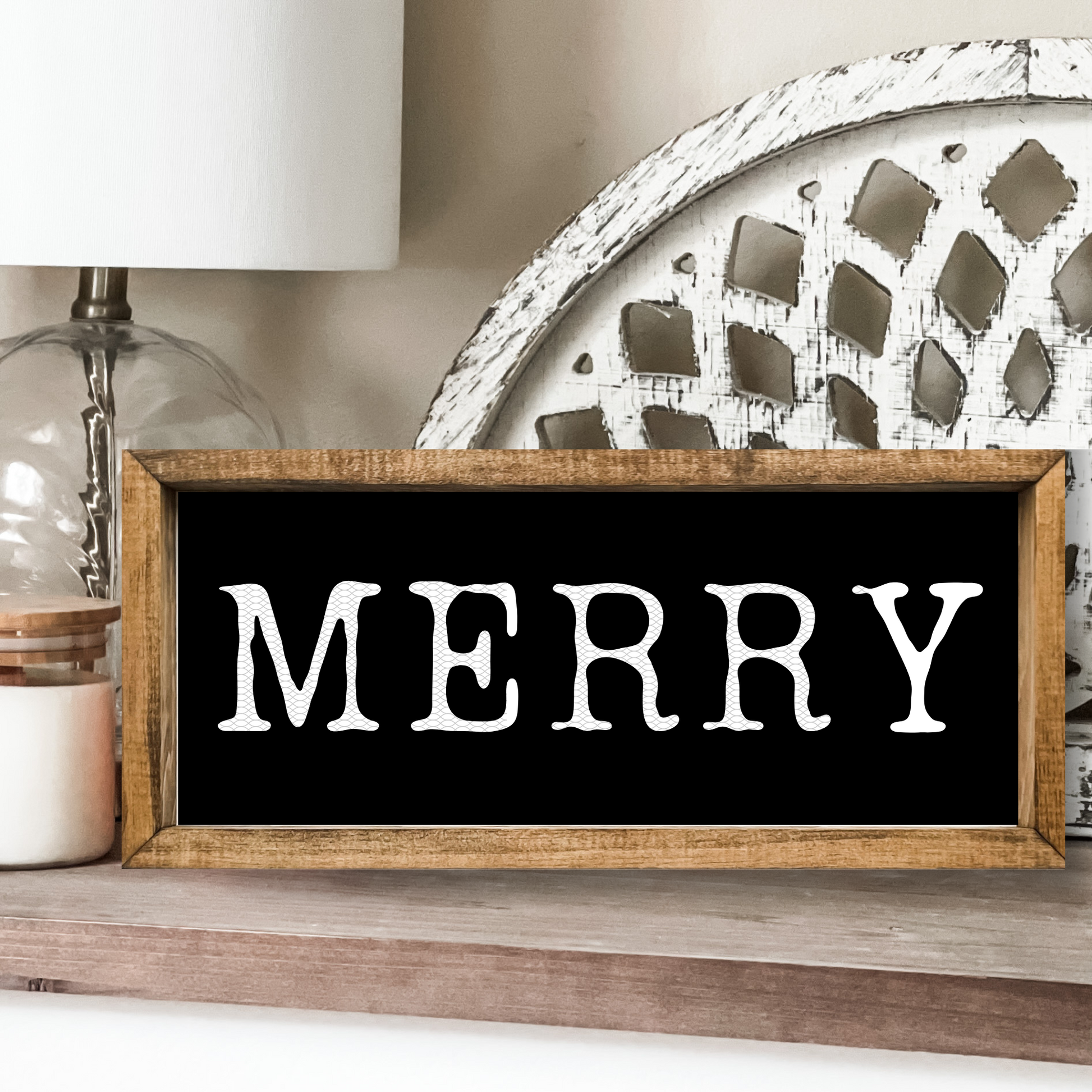 Black and white MERRY sign.