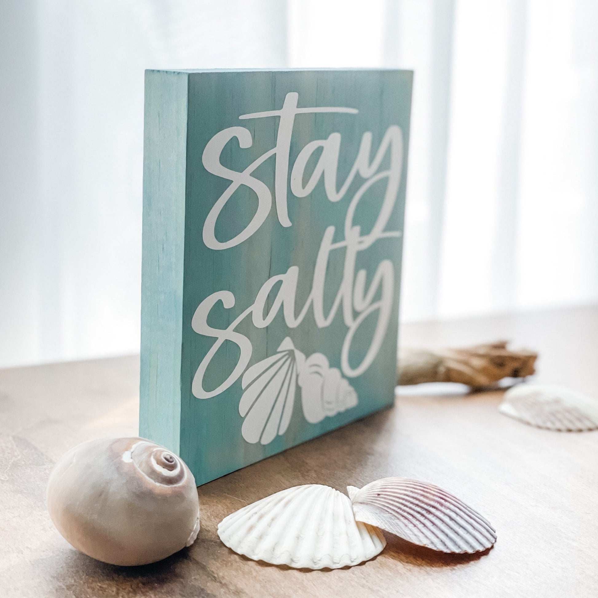 Stay salty aqua wood block sign.