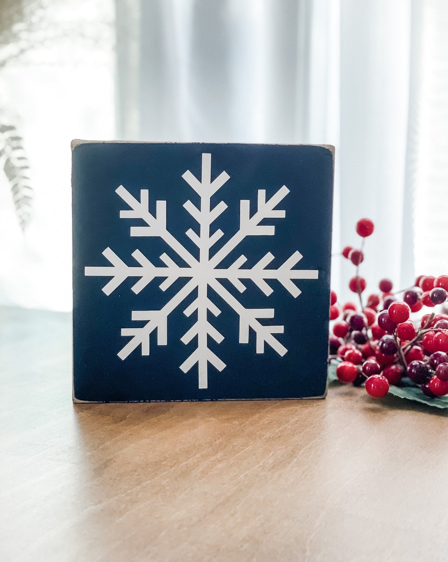 Snowflake wood block sign. Christmas and winter decor.