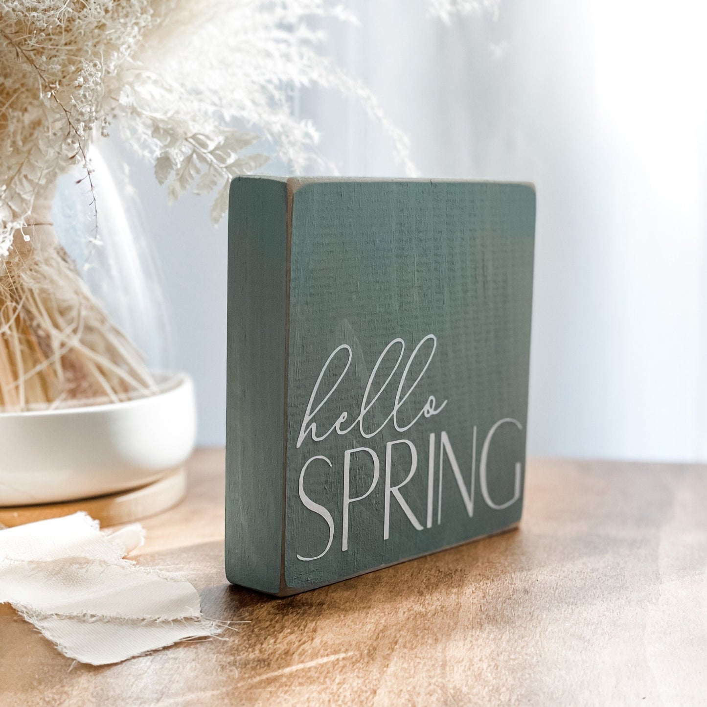 Hello spring wood block sign. Spring table top decor.