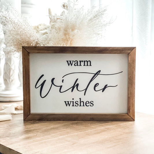 Warm winter wishes sign. Christmas and winter wall decor.