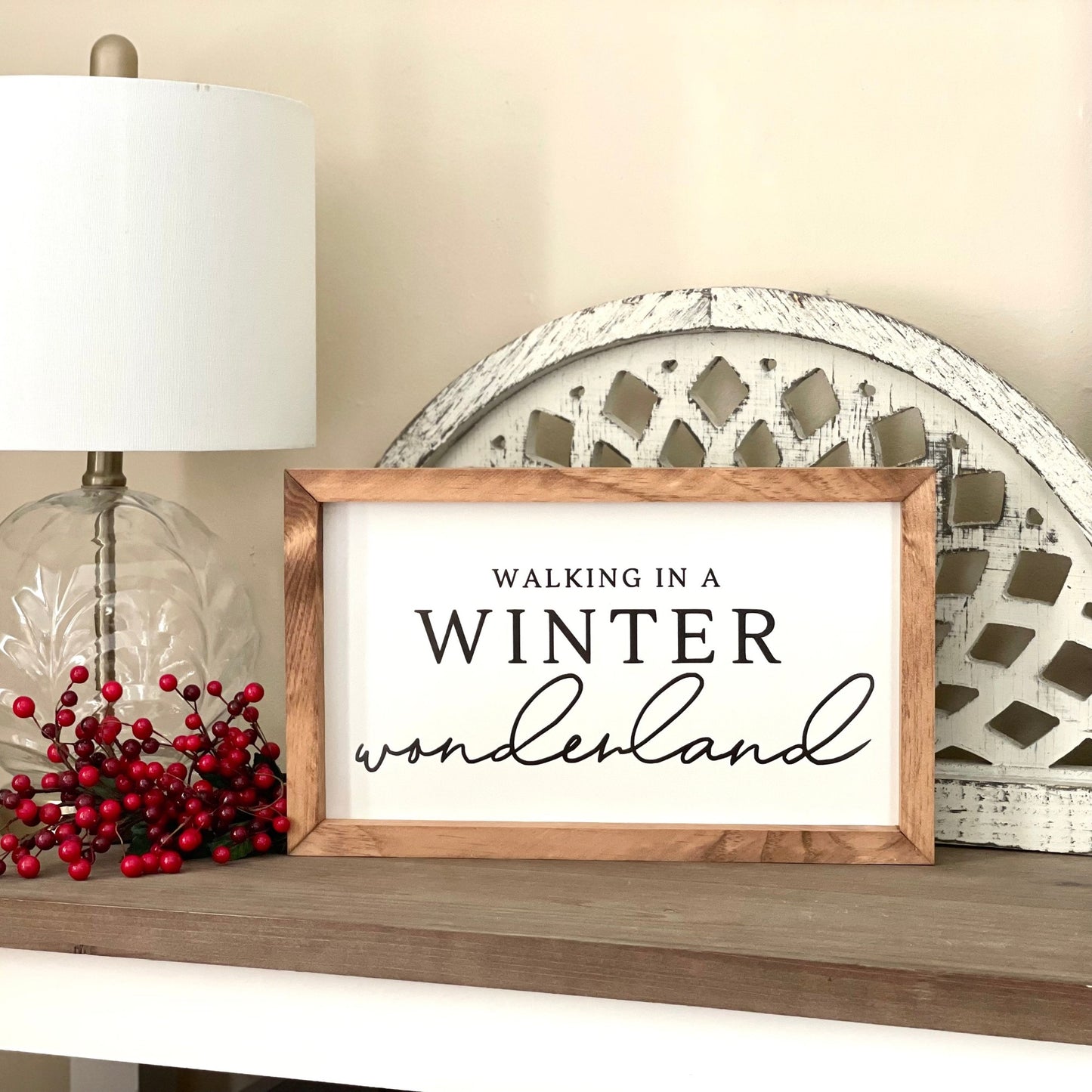 Walking in a winter wonderland sign. Christmas and winter wall decor.