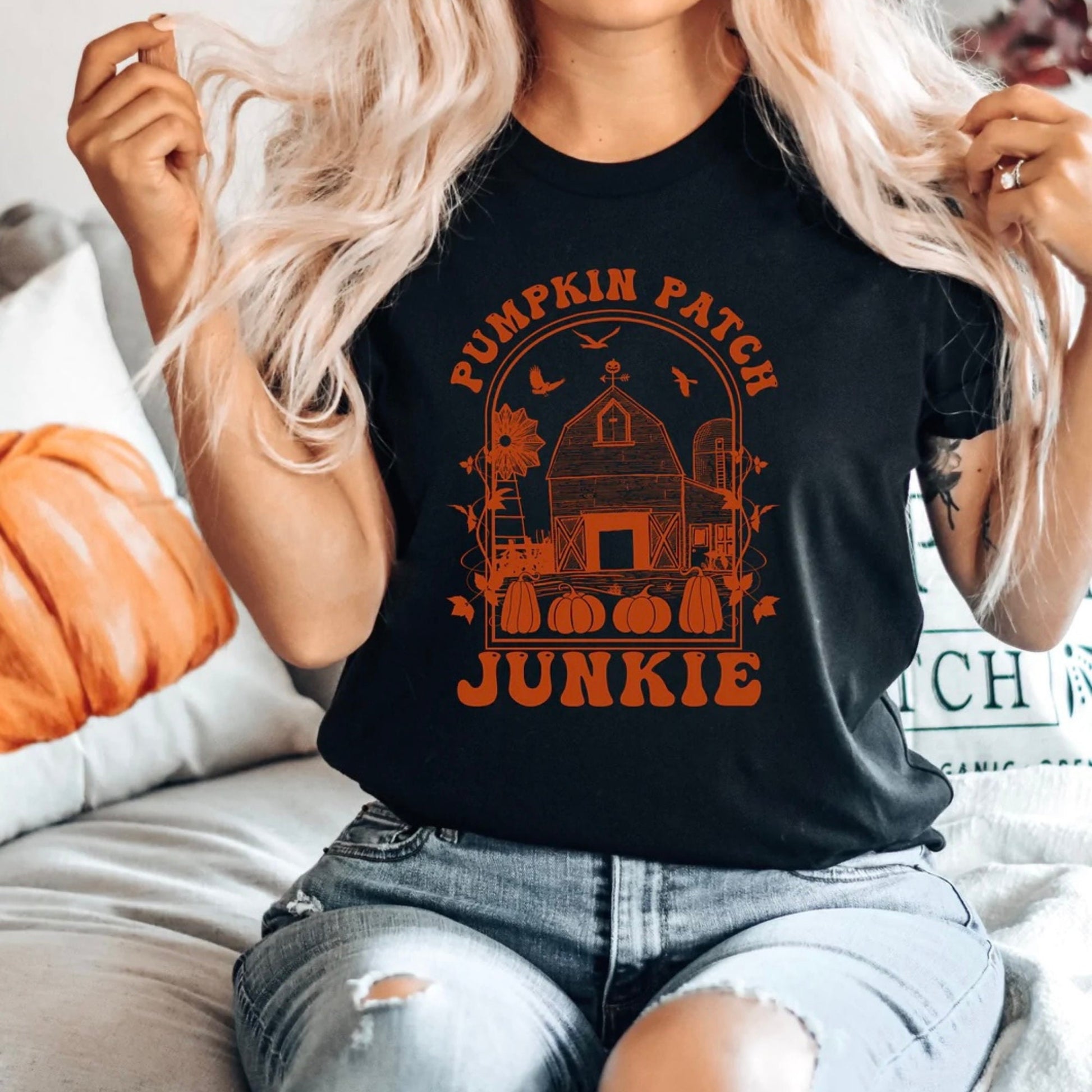 Pumpkin patch junkie t-shirt. Cute fall t-shirt.