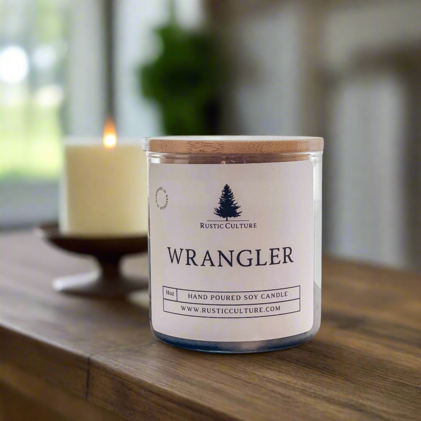 Wrangler candle with organic soy wax.